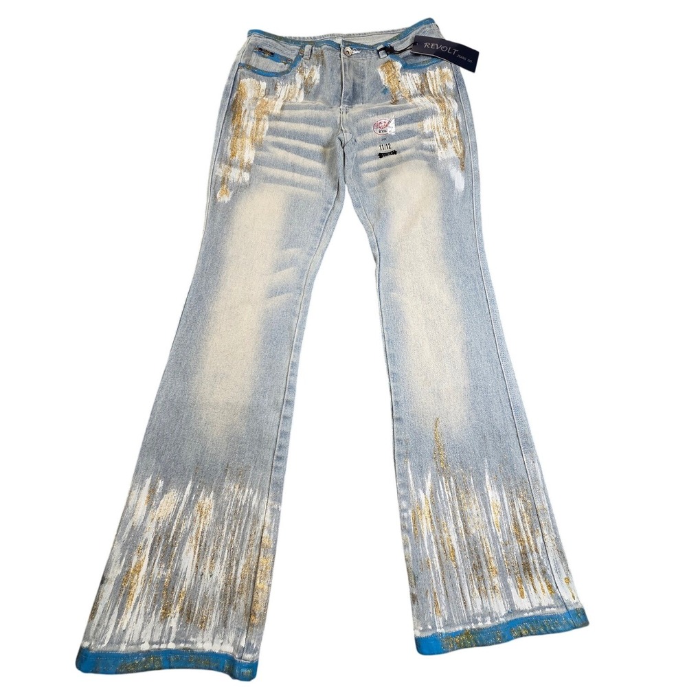 Revolt Jeans Co. Paint Glitter Jeans 11/12 Blue Gold‎ Glitter NWT 15G563